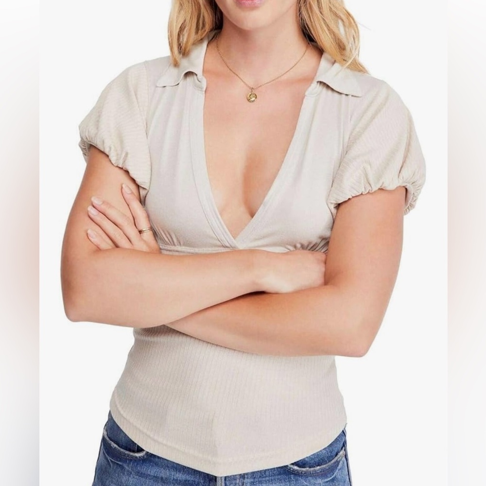 Free People Women's Molly Collared Tee Beige Stretchy Soft Knit Sz L